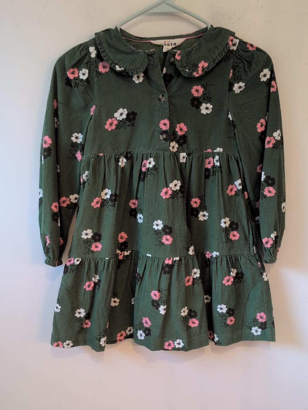 Mini Boden Girls Floral Corduroy Long Sleeve Peter Pan Collar Dress 7-8